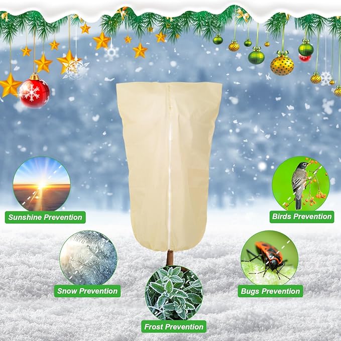 2 Pack 32"x24" Winter Plant Cover Freeze Protection Frost Cloth Blankets, 3 oz/yd² Frost Covers with Zipper Drawstring, Frost Protection Tree Cover for Outdoor Plant Cold Weather Protector