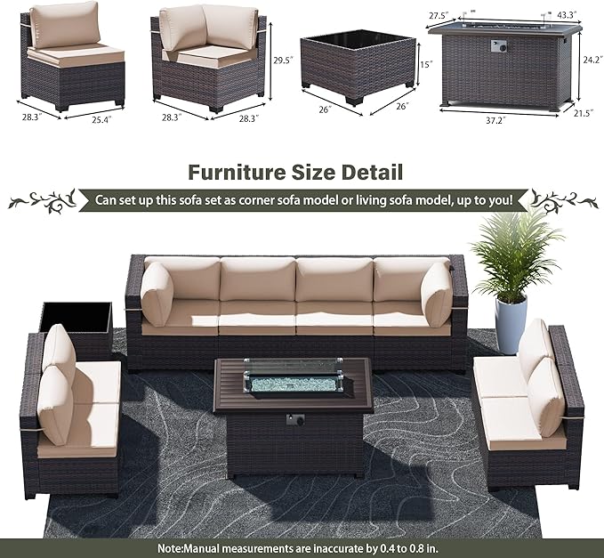 Outdoor Patio Furniture Sets with Propane Fire Pit Table, 10 Pieces Outdoor Furniture Patio Sectional Sofa Conversation Set w/ETL Approved 43" Gas Outdoor Fire Table & Coffee Table Brown.