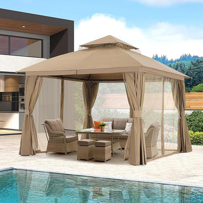 MASTERCANOPY 11'x11' Outdoor Patio Arch Gazebo with Double Roofs, Mosquito Nettings and Privacy Screens for Backyard, Garden, Lawn, Khaki
