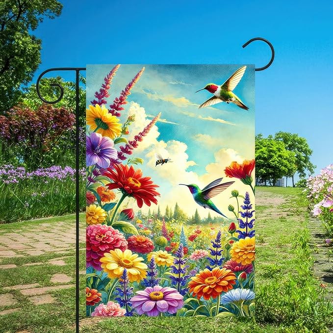 Spring Garden Flag 12 x 18 Inch Double Sided Hummingbird Welcome Yard Flag Outdoor Bee Colorful Flower Sky Summer Farmhouse Seasonal Yard Lawn Outside Decorations