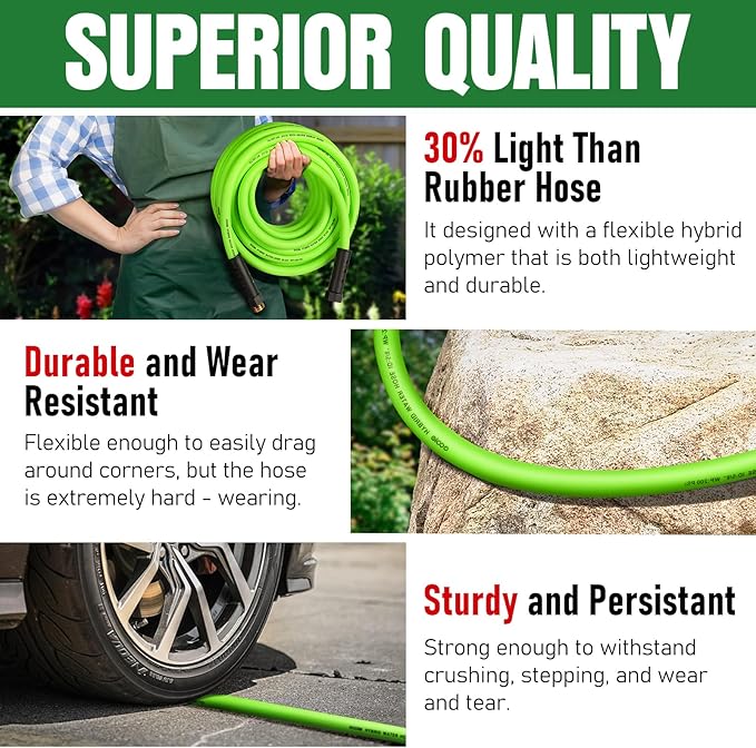 Garden Hose 25 ft x 5/8", NON-EXPANDING Flexible Water Hose, Kink Resistant Lightweight Hybrid Hose, Leakproof Yard Hose with Male to Female Fittings