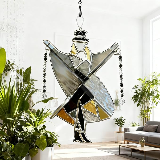 Handmade Stained Glass Spinner,Dancing Lady Stained Glass Spinner,Colorful Wind Spinner Ornament, Kinetic Acrylic Hanging Decor Unique Boho Hanging Ornament for Window, Garden, Porch (1 PCS)