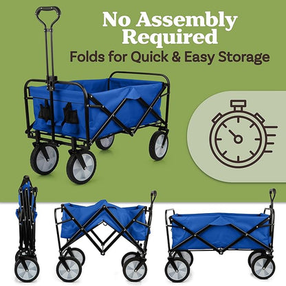 Collapsible Wagon - Grocery Cart on Wheels - Portable Beach Wagon, Folding Garden Trolley or Shopping Cart - Wagons Carts Foldable by Pure Garden (Blue)