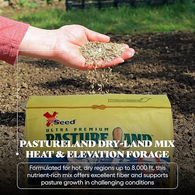 X-Seed Pasture Land Dry-Land Forage Seed Mixture with Micro-Boost – Tall Fescue Orchard Grass Ryegrass Endophyte Free Pasture for Safe Nutrition of Livestock, Formulated for Dry Areas – 25-Pound Bag