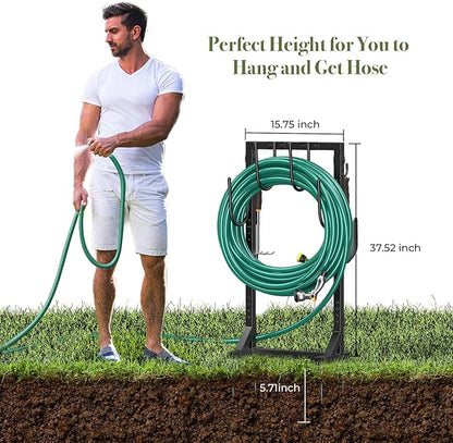 Garden Hose Holder Water Hose Holder with 4 Spikes, Freestanding Hose Hanger Outdoor Hold Stand Heavy Duty 6 Hooks Metal Garden Hose Storage Hose Reel Rack for Outside (Black)