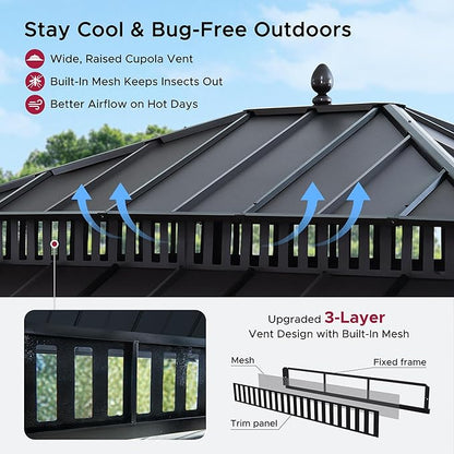 SUNJOY Kingston 14' x 12' Hardtop Gazebo with Galvanized Steel Double Roof, Curtain and Netting, Gray Aluminum Posts Permanent Pavilion Gazebo for Garden, Patio, Deck, Lawn
