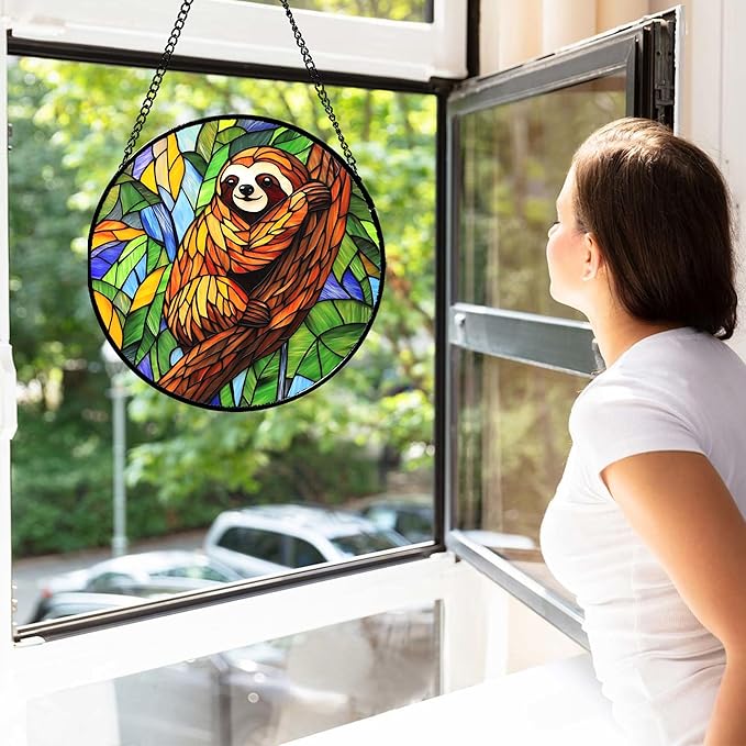 Stained Glass Window Hanging - Funny Sloth Suncatcher for Doors Garden Patio Cute Sun Catchers Decor Christmas Mother's Day Birthday Teenager Gifts for Women Men Mom Nana Friend 7.8 in