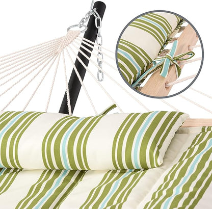 SUNCREAT Cotton Rope Hammock for Two People with Hardwood Spreader Bars, Quilted Fabric Pad & Detachable Pillow, Extra Large Hammock with 12 FT Steel Stand, Ipad Bag & Cup Holder, Green&Beige