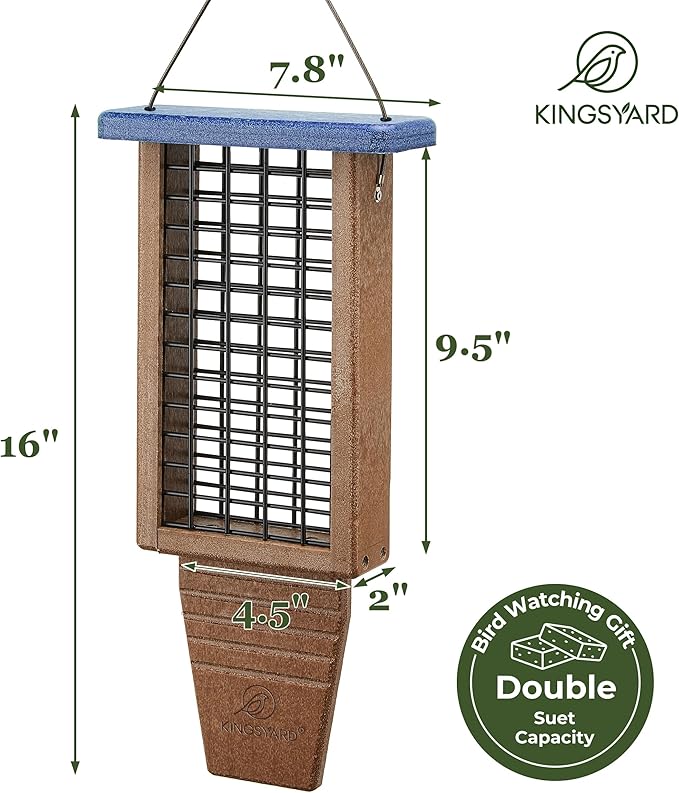 Kingsyard Recycled Plastic Suet Bird Feeder, Double Capacity Tail-Prop Suet Feeder for Outside Hanging, Sturdy & Durable, Great for Woodpecker & Clinging Birds, Blue