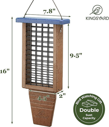 Kingsyard Recycled Plastic Suet Bird Feeder, Double Capacity Tail-Prop Suet Feeder for Outside Hanging, Sturdy & Durable, Great for Woodpecker & Clinging Birds, Blue