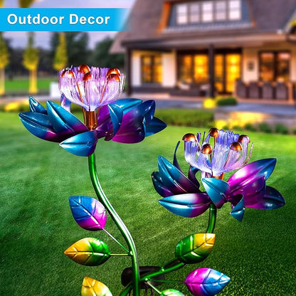 55'' Solar Powered Kinetic Wind Spinner Sculpture Blue Lotus Metal Stake Spinner for Patio, Lawn and Garden Decor Weather-Resistant Outdoor Art with Dual Lotus Design