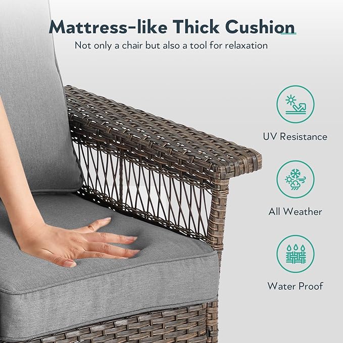 6 Pieces Wicker Patio Furniture Set - Hollow Widen Armrests 3 Seat Outdoor Sofa & Comfy Chairs with Side Table & Ottomans, Small Patio Convention Set for Deck and Backyard - Brown/Gray