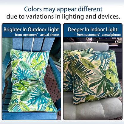 Outdoor Throw Pillow with Insert 18x18 Inch, Set of 2, Piping Edge Waterproof Fade Resistant Decorative Fluffy Pillows for Patio Furniture Chair Bench Couch Sofa - Green Palm Leaves