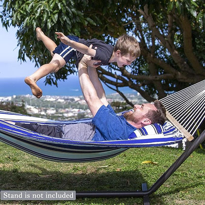 SUNCREAT Hammocks Quilted Fabric Hammock, Double Hammock with Spreader Bar, Soft Pillow, Max 475lbs Capacity, Blue Stripes