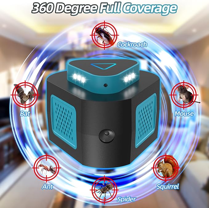 2025 360°Ultrasonic Pest Repellent Plug in,Indoor Pest Control for Rodent Mice Rat Spider Ant Bug Squirrel Bats Roach,4 Mode Switching Mouse Repellent Device for Basement House Garage Kitchen(1pcak)