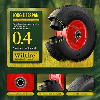 (2 Pack) 4.10/3.50-4 Flat Free Tire and Wheel 10-Inch Solid Wheel Replacement with 5/8 Extra 3/4 &1/2 Bearings,2.2" Offset Hub -Compatible with Hand Truck,Wheelbarrow(Wave,Red)