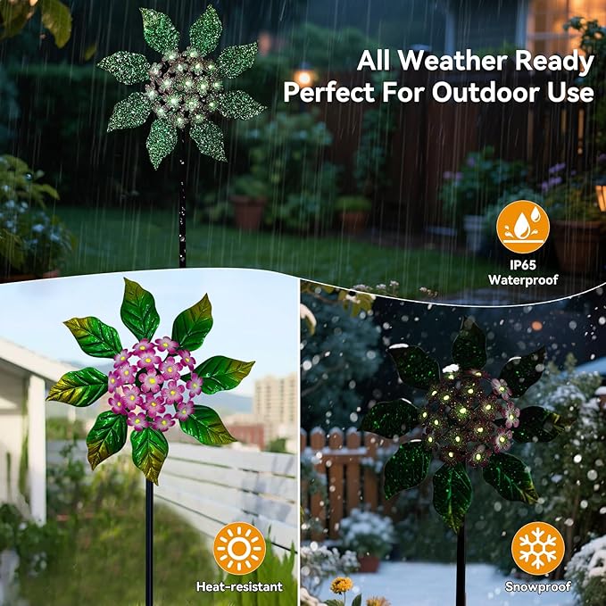 Solar Glow Garden Wind Spinner Outdoor, 13" W Flower Metal Wind Spinner & Sculptures with Fluorescent Coating, Kinetic Windmill for Yard Lawn Patio Decor, Pink