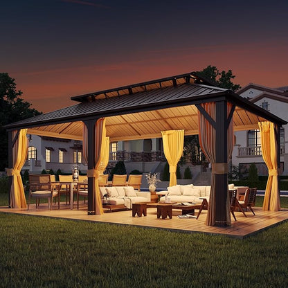 YOLENY 12' X 20' Hardtop Gazebo, Galvanized Steel Ventilation Double Roof Aluminum Frame, Curtains and Netting Included, Outdoor Gazebo for Garden, Patio, Lawns, Parties