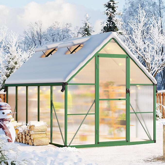 CABIHOME 8x14 FT Outdoor Greenhouse, Polycarbonate Greenhouse with Roof Vent and Ground Nails, Aluminum Large Walk-in Green House w/Lockable Push Door for Outside Garden Backyard (Green, 8x14 FT)