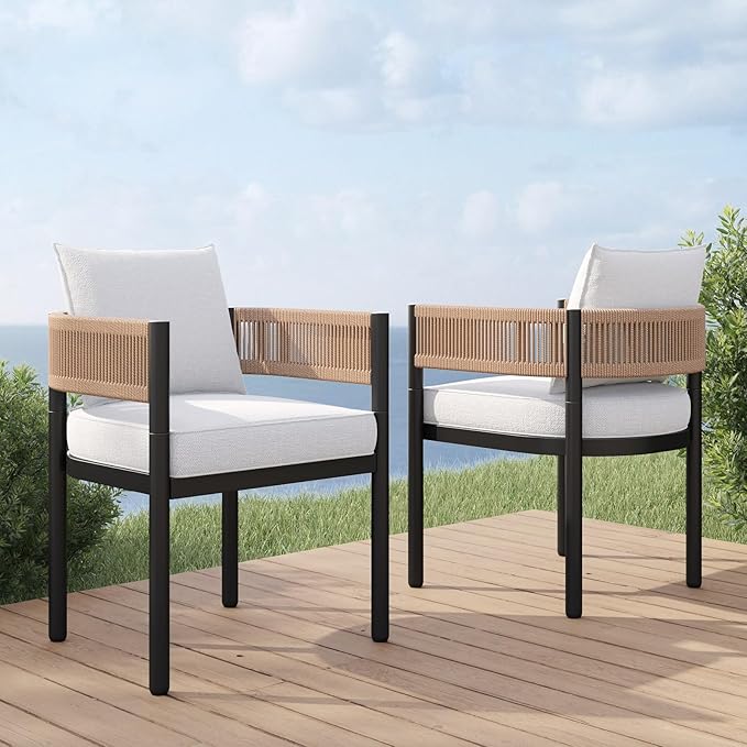 Grand patio Outdoor Dining Chair Set of 2, 2 Pieces Patio Dining Chairs, Metal Woven Wicker Fixed Patio Chairs with Light Beige Cushions for Backyard, Deck, Garden, Porch, Lawn and Poolside (Natural)