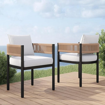 Grand patio Outdoor Dining Chair Set of 2, 2 Pieces Patio Dining Chairs, Metal Woven Wicker Fixed Patio Chairs with Light Beige Cushions for Backyard, Deck, Garden, Porch, Lawn and Poolside (Natural)