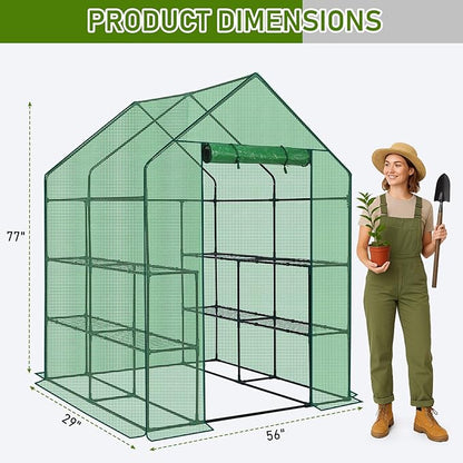 Outvita Walk-in Greenhouse, Outdoor Durable PE Plant Green House for Frost Protection with 3 Tiers 8 Shelves, Shelf Clips, Roll-up Zipper Door, 56"x56"x77" Green