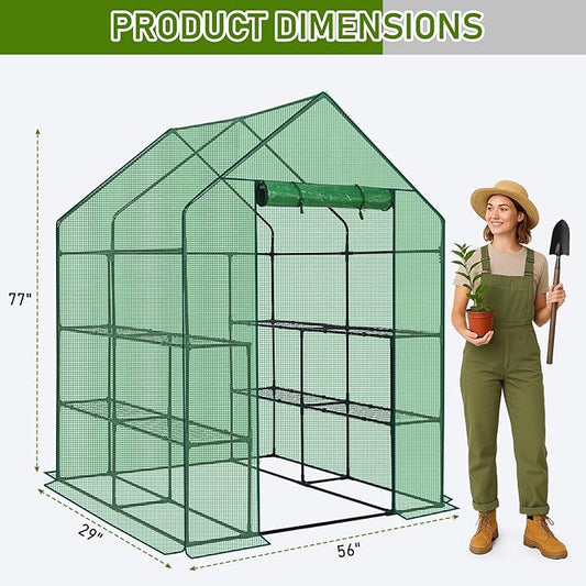 Outvita Walk-in Greenhouse, Outdoor Durable PE Plant Green House for Frost Protection with 3 Tiers 8 Shelves, Shelf Clips, Roll-up Zipper Door, 56"x56"x77" Green