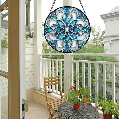Stained Glass Window Hanging - Blue White Abstract Flowers Suncatcher for Door Terrace Garden Home Decor Boho Sun Catcher Birthday Gifts for Lovers Women Men Dad Mom Nana 6.3 in