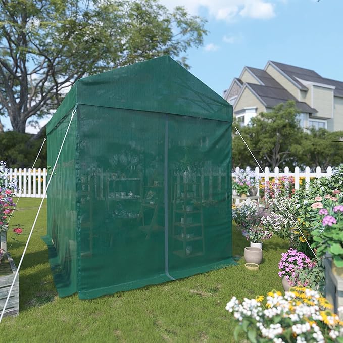 EAGLE PEAK 8x6 Walk in Shade Cloth Cover Greenhouse Instant Pop up Portable Gable Roof Gardening Green House with Mesh Cover, Roll up Doors, Green