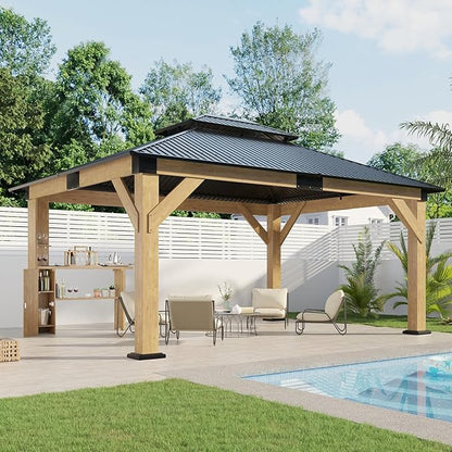 AMERLIFE 13x15 Hardtop Gazebo, Spruce Wood Gazebo with Storage Bar Counter, Outdoor Pavilion with Double Iron Roof, for Patio, Lawns, Garage, Black + Natural Wood