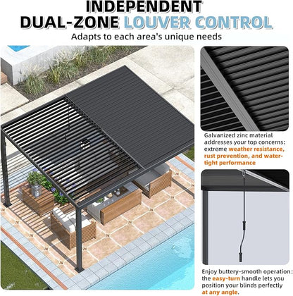 AECOJOY 13' x 10' Louvered Gazebo Pergola, 10x13 Outdoor Hardtop Wall-Mounted Lean to Gazebo with Adjustable Metal Rainproof Patio Roof, Pergolas and Gazebos Clearance, Heavy Duty Awnings for Patio