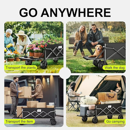 Collapsible Wagons Carts Foldable with Extended Tailgate, Folding Cart on Wheels, Portable Heavy Duty Shopping Carts for Groceries, Apartment, Garden, Camping, Fishing, Outdoor (Black)
