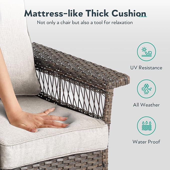 5 Pieces Wicker Patio Furniture Set - Hollow Widen Armrests Outdoor Rattan Chairs with Ottomans and Side Table, Small Patio Convention Set for Balcony Porch Deck and Yard - Brown/Beige