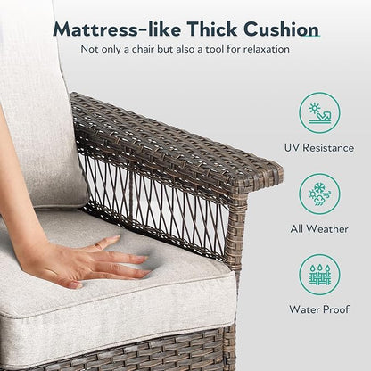 5 Pieces Wicker Patio Furniture Set - Hollow Widen Armrests Outdoor Rattan Chairs with Ottomans and Side Table, Small Patio Convention Set for Balcony Porch Deck and Yard - Brown/Beige