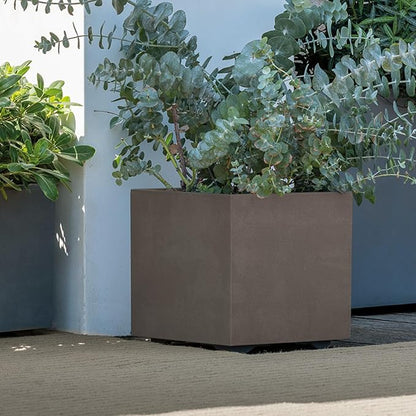 Deroma Millennium 15” Cube Planter | Light & Durable Plastic | Indoor or Outdoor Square Pot for Patio/Porch | Includes Water Reserve & Drain Plug | Trendy Planter for Plants, Flowers, Garden | Sand