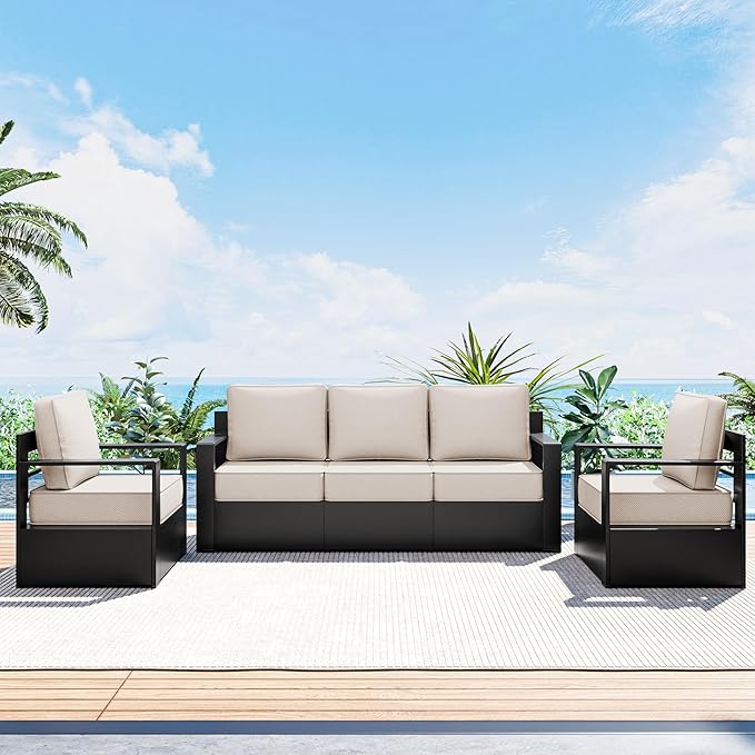 Outdoor Patio Furniture Set, 3-Piece Aluminum Patio Conversation Set All-Weather Metal Outdoor Sectional with 6 Inch Thick Cushions, Deep Setting for Garden, Outside and Porch