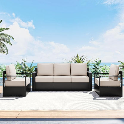 Outdoor Patio Furniture Set, 3-Piece Aluminum Patio Conversation Set All-Weather Metal Outdoor Sectional with 6 Inch Thick Cushions, Deep Setting for Garden, Outside and Porch