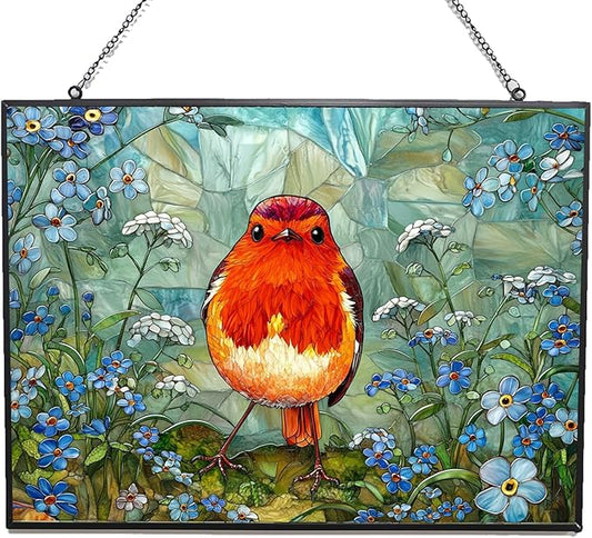 Customized Rectangle Robin Stained Glass Window Hanging Suncatcher Stained Glass Home Decor Garden Halloween Christmas Party Wedding Housewarming Gifts