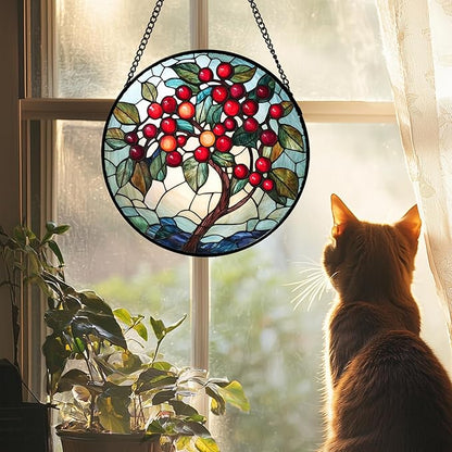 CRIS GIF Stained Glass Window Hanging - Red Fruit Tree Landscape Suncatcher for Doors Garden Patio Sun Catchers Decor Christmas Mother's Day Birthday Gifts for Women Men Mom Nana Friend 11.8 in