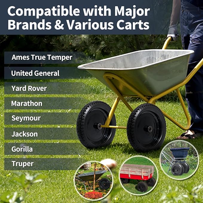 Wheelbarrow Tire 4.80/4.00-8 Flat Free Solid Tire Wheel 14.5 Inch, Replacement Heavy Duty Wheel, with 5.8" and 3.4" Bearings 3" Center Hub, fits Garden Cart, Dolly, Hand Truck, Trailer, Wagon, 1 Pcs