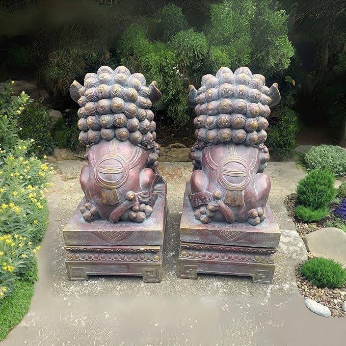 Zaer Ltd. Set of 2 Traditional Fu Dog Garden Statues, Chinese Guardian Lion Sculptures with Pedestals, Made with Magnesium-Cement (Blue-Bronze)