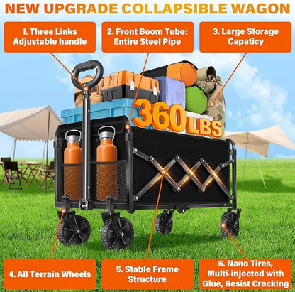 Wagons Carts Foldable - Collapsible Wagon Cart with Wheels Foldable - Folding Utility Heavy Duty Wagons Carts for Grocery Camping Sports Shopping Garden