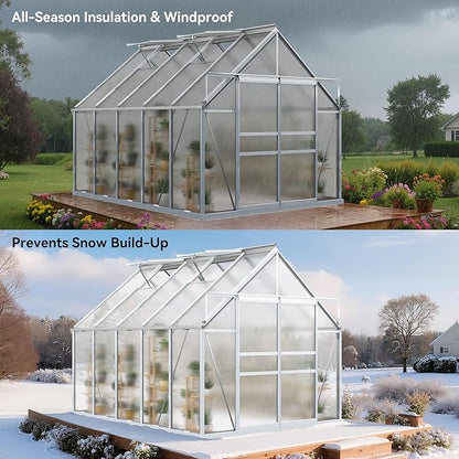 YITAHOME 10x8FT Polycarbonate Greenhouse Large Heavy Duty Green Houses Outdoor Aluminum Greenhouses with Sliding Doors Vent Window Walk-in Greenhouse for Garden Backyard, Matte Silver