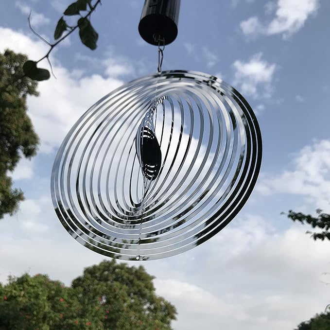 Hanging Wind Spinner Outdoor Metal Decorations, Silver Wind Spinners for Yard and Garden,3D Mirror Stainless Steel Wind Sculptur Chime Indoor Outdoor Garden Decoration Worth Gift （Round）