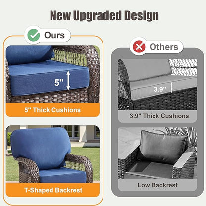 5 Pieces Patio Furniture Set Outdoor Sectional Sofa Couch with Rocking Swivel Chairs 5" Deep Seat Chairs, Modern Wicker Rattan Conversation Set, Blue/Brown Wicker