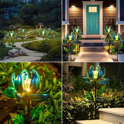 Huaxu Solar Outdoor Lights 35.4In Garden Decor Flower Wind Spinners,Waterproof LED Crackle Glass Globe Blue Lotus Art Metal Stake for Lawn Patio Pathway Yard Porch Driveway Decorations Gift