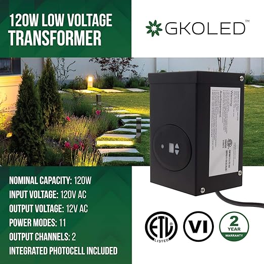 GKOLED ETL Listed 120W Low Voltage Transformer with Photocell and Timer, 120V AC to 12V AC Outdoor Power Pack, Dual Isolated Outputs, for Landscape Lighting Systems, Fully Encapsulated Toroid Core