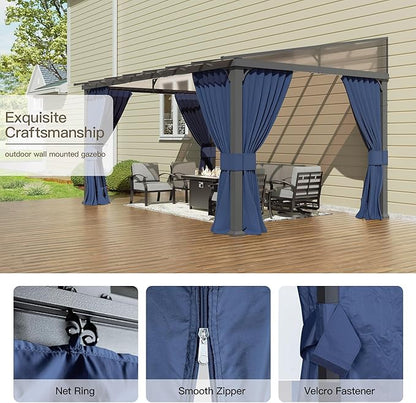 10’ x 14’ Gazebo for Patio,Wall Mounted Gazebo with Sloping Polycarbonate Roof,Aluminum Frame Outdoor pelgole w/Netting & Curtain for Garden,Deck,Backyard,NavyBlue