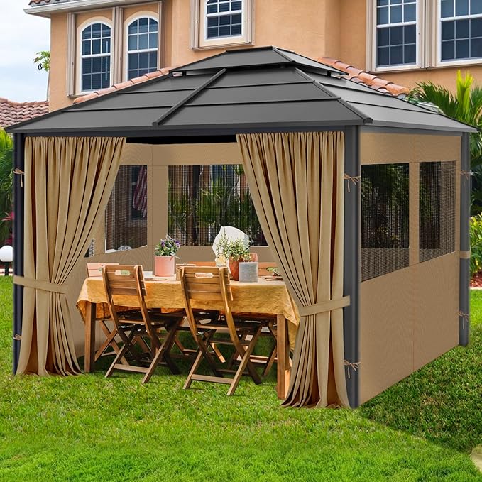 Gazebo Privacy Curtain 10'x10', Replacement Curtains with Mosquito Net Windows, 4-Panels Side Wall, Zippers, Waterproof Outdoor Curtains for Patio, Canopy, Garden and Backyard, Khaki (Curtain Only)