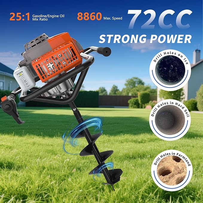 72cc 2-Stroke Auger Post Hole Digger with 2 Extension Rods & 6" & 8" Auger Bits - Gas Powered Earth Auger for Fencing, Gardening, Construction - Heavy Duty Digging Machine (72cc+2 Auger Bit(6"8"))